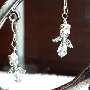 Crystal  Beaded Angel Silver Dangle Earrings Handmade‎
